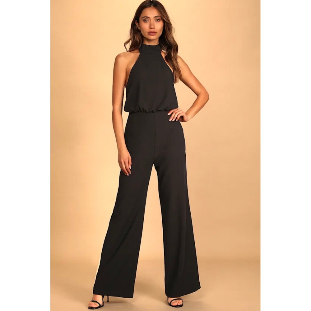 Lulus Moment for Life Black Halter Open Back Wide Leg Jumpsuit